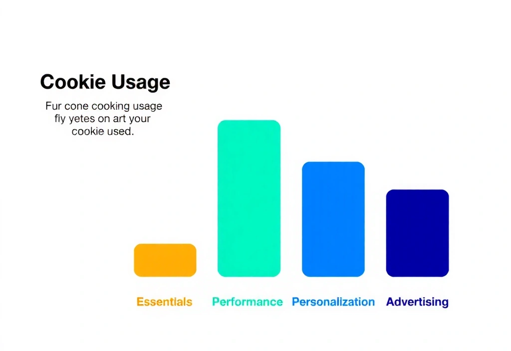 Gráfico de barras mostrando diferentes tipos de uso de cookies: esenciales, rendimiento, personalización, publicidad