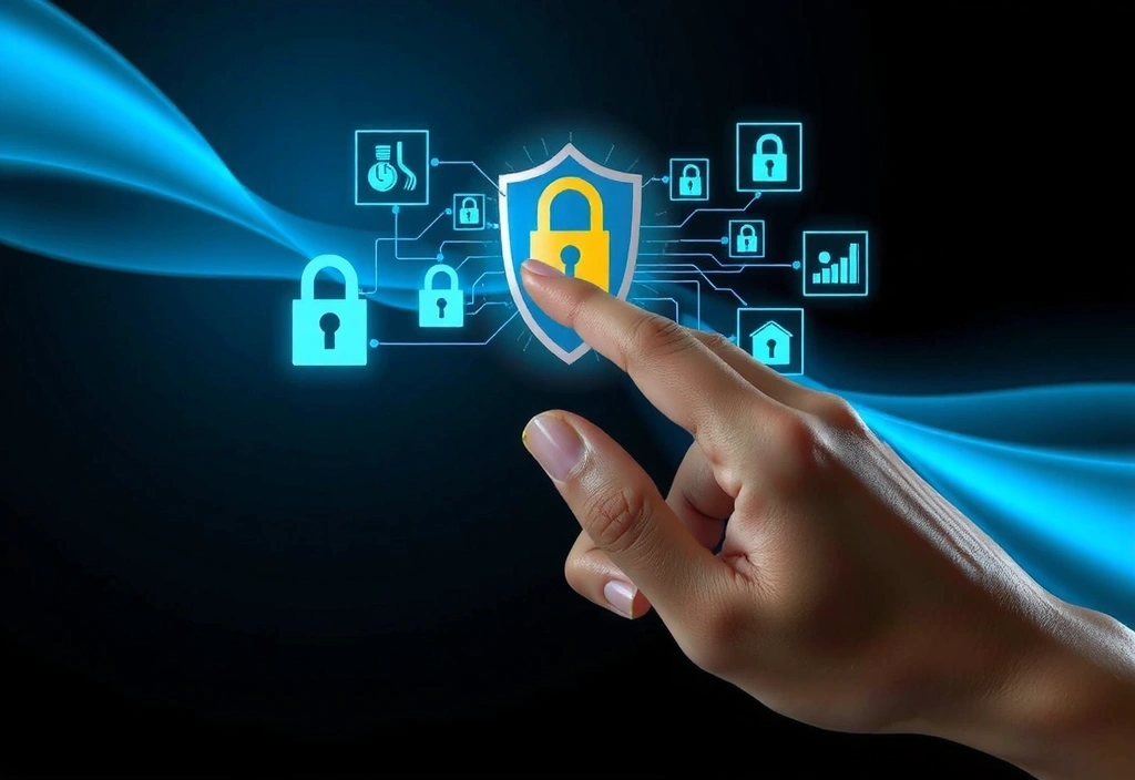 Mano tocando una pantalla táctil con iconos de privacidad y un escudo protector