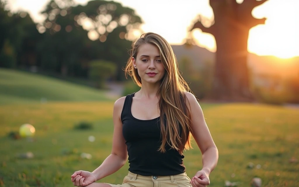 Mujer joven meditando al aire libre al amanecer, con una sensación de paz y energía.
