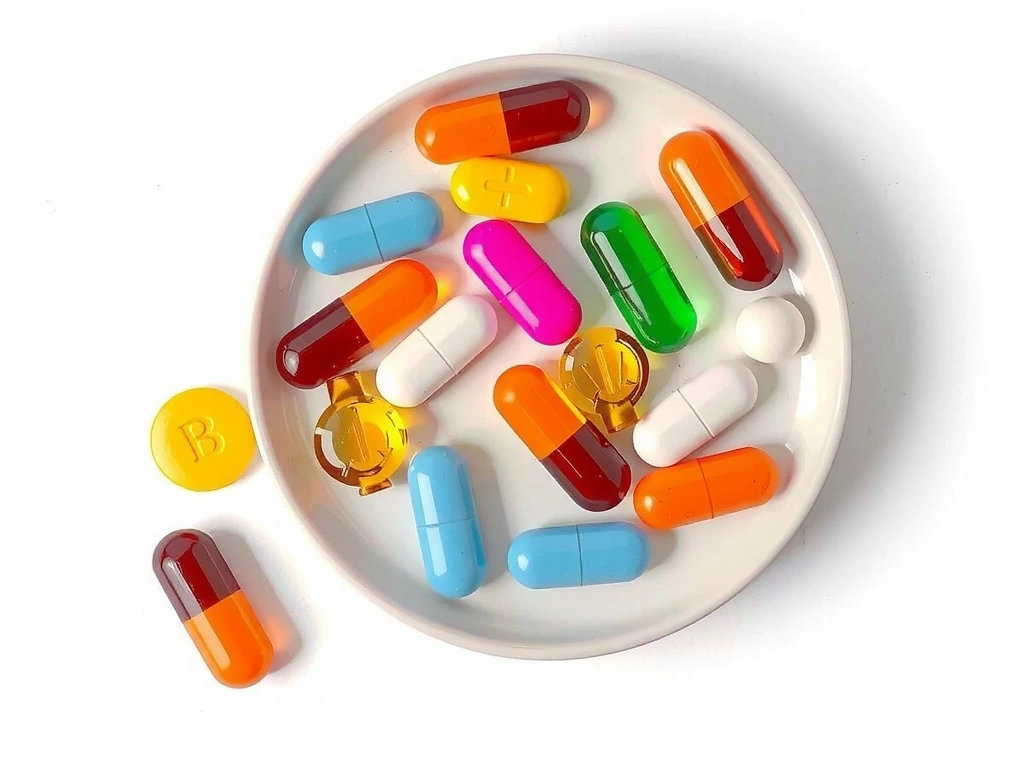 Varias tabletas de vitaminas B de diferentes colores en un plato pequeño.