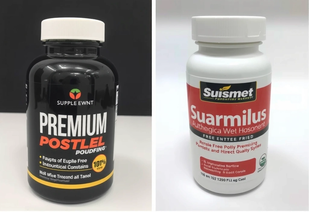 Dos botellas de suplementos visualmente diferentes, una de alta calidad y otra de baja calidad, para ilustrar la variabilidad.