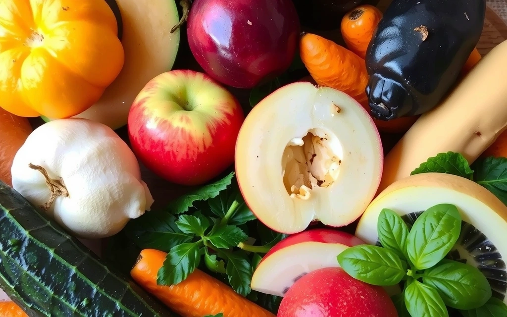 Variedad de frutas, verduras y hierbas que representan ingredientes naturales y saludables para suplementos.