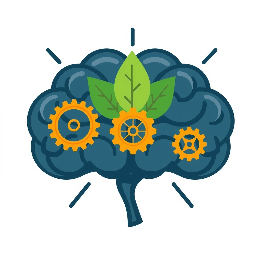 Cerebro con engranajes y hojas, representando el apoyo a la función cognitiva.