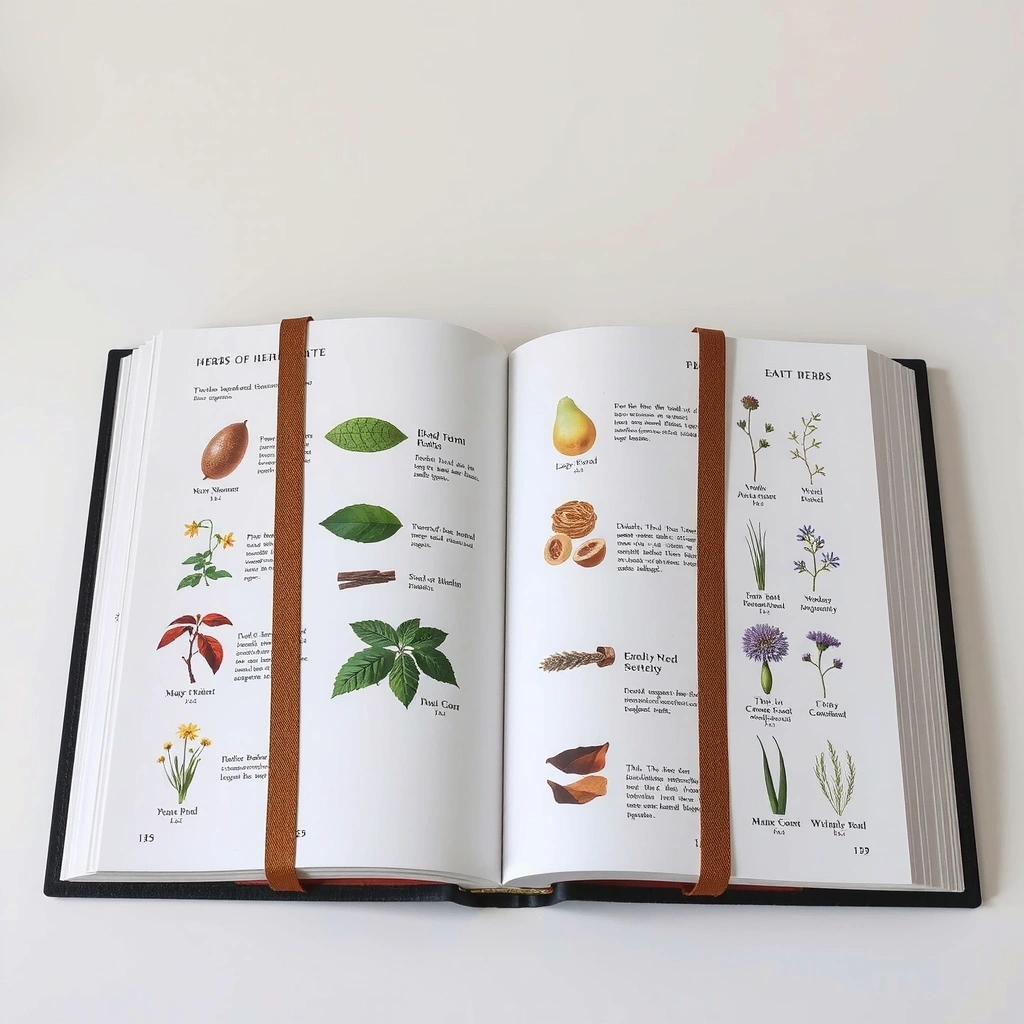 Libro abierto con ilustraciones de plantas medicinales, simbolizando una guía.