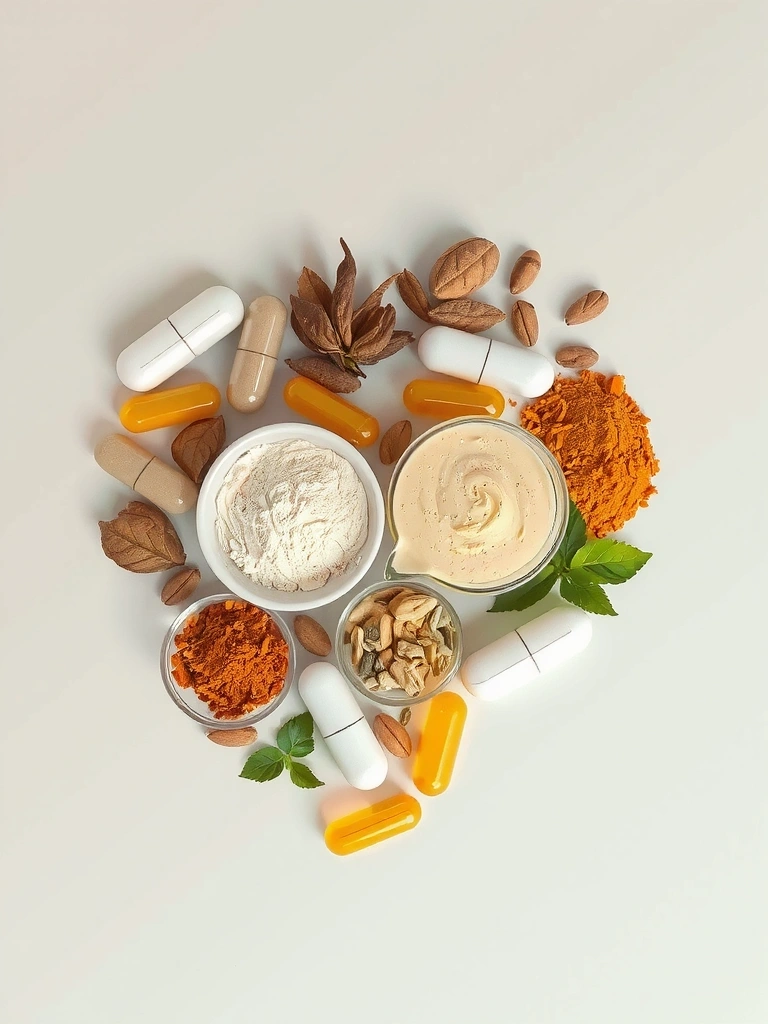 Un collage abstracto de diferentes suplementos naturales en formas armoniosas.